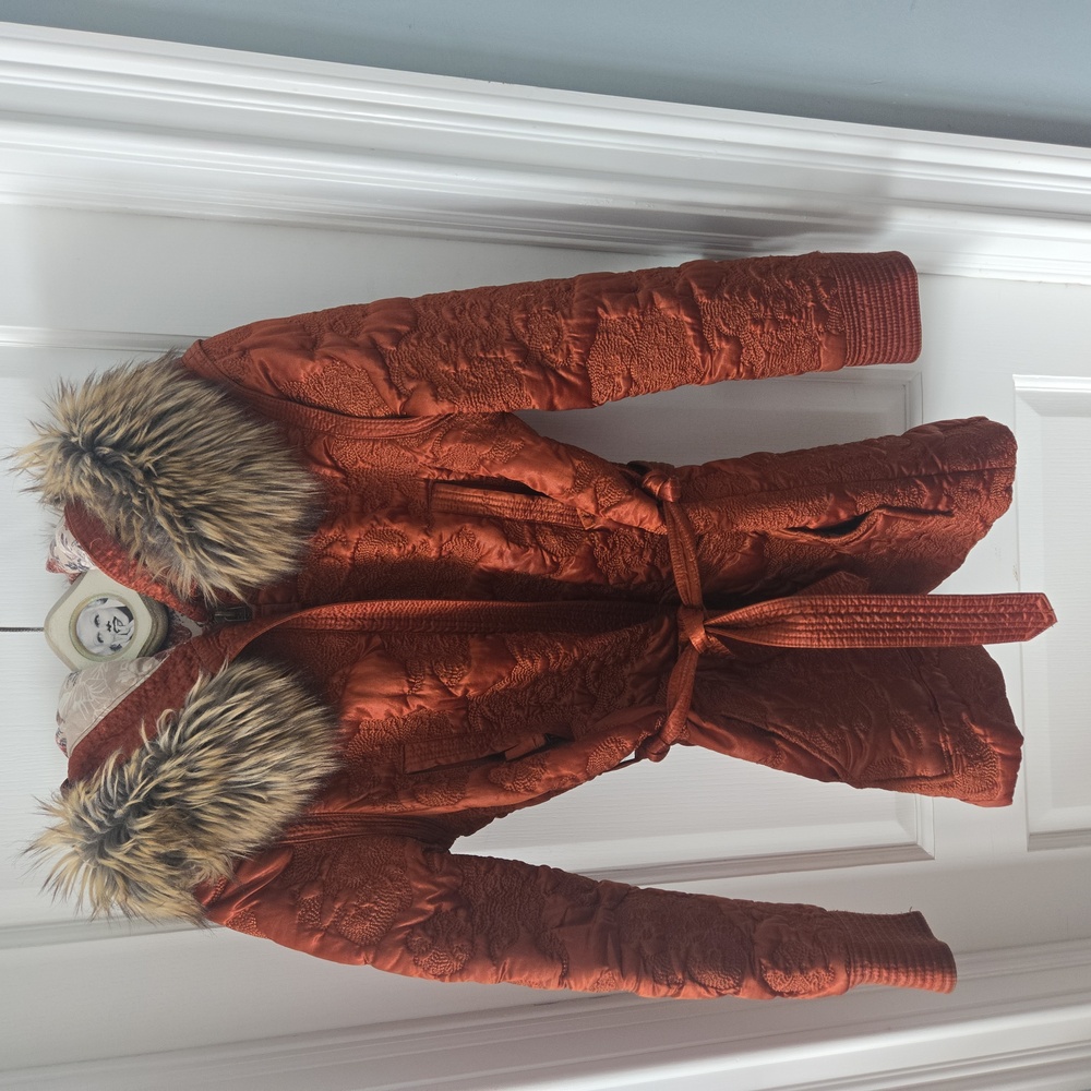 Free People Rust Quilted Winter Coat Jacket Fur Trimmed Hood - Picture 4 of 6